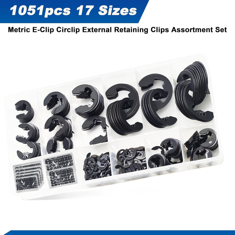 Daptemn E Clip Circlip External Retaining Rings Assortment Kit, 1050PCS E Clips External Carbon Steel Rings and 1 PC Tweezers, Includes Sizes of M1.5-M22 - Image 3
